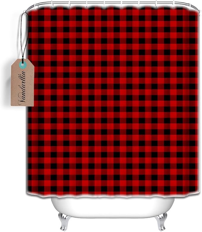 Vandarllin Fabric Shower Curtain 48X72 Inch,Waterproof Washable,Rustic Red Black Buffalo Check Plaid Pattern Barh Curtains