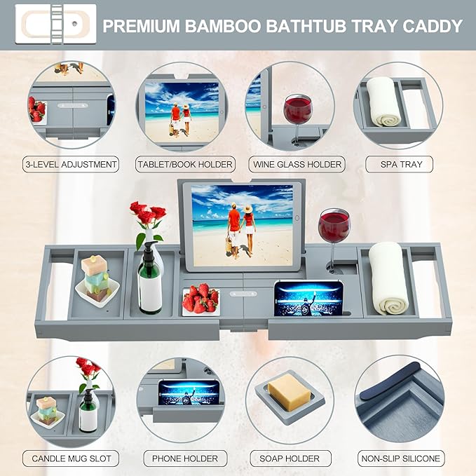 Premium Bamboo Bathtub Caddy Tray - Bath Tray - Bath Tub Tray Table for Bathtub - Bath Caddy Tray for Bathtub, Expandable Size, Fits Most Bath Tubs - Grey
