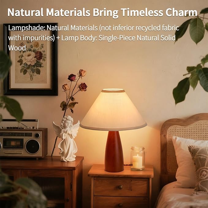 2 Pack Bedside Table Lamp for Bedroom,Mid-Century Modern Plug in Fabric Shade & Solid Wood Base Desk Lamp,Plug & Play Warm Brown Nightstand Lamp for Living Room,Office,Switch Power Cord【Bulb Included】