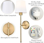 Battery Operated Wall Sconces Set of 2, Gold Rechargeable Wall Lights with Remote 16 Colors Wireless Wall Lamp for Bedroom Living Room Hallway (Dimmable Bulb Included)
