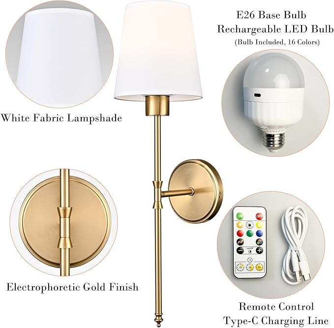 Battery Operated Wall Sconces Set of 2, Gold Rechargeable Wall Lights with Remote 16 Colors Wireless Wall Lamp for Bedroom Living Room Hallway (Dimmable Bulb Included)