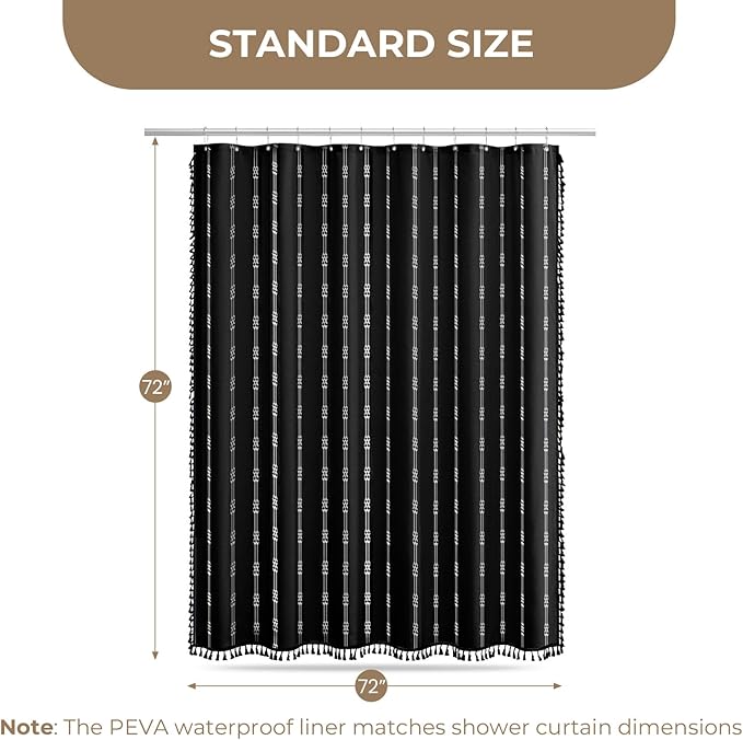 downluxe Linen Texture 3 in 1 Farmhouse Shower Curtain Set with Tassel, Boho Fabric Shower Curtains for Bathroom, Black, 72W x 72L