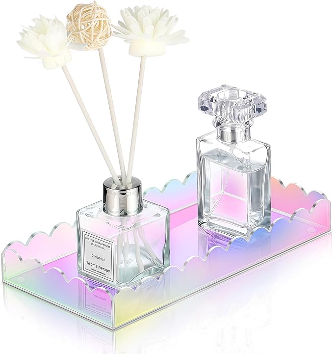 Iridescent Acrylic Bathroom Vanity Tray 7.9",Iridescent Soap Dispenser Decorative Scalloped Tray for Bathroom Kitchen Living Room Decor Colorful Vanity Perfume