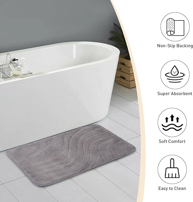 Bath Mats 30x20 Non-Slip Absorbent Bathroom Rug, Quick Dry Machine Washable Shower Tub Mat with Rubber Backing, Soft Floor Carpet for Bathroom Decor Wave Dark Grey