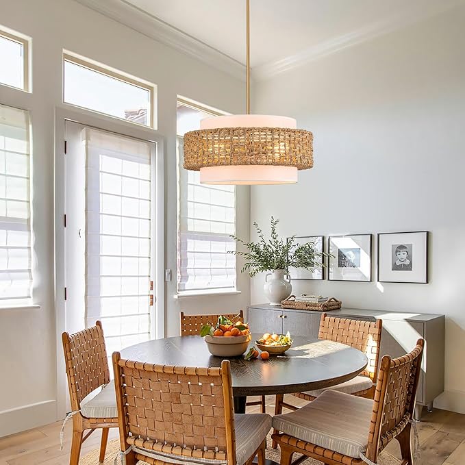 19.7" Rattan Chandelier with Linen Farmhouse Boho Hand Woven Bamboo Chandeliers Light Fixture Modern Drum Wicker Rattan Gold Chandelier for Dining Room, Kitchen, Living Room,Foyer