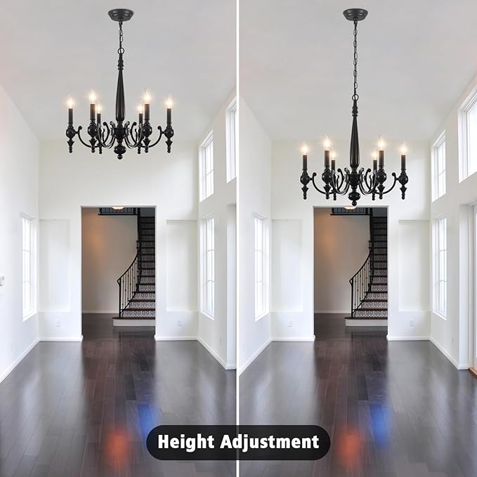 Farmhouse Chandelier, 6-Light Black Chandeliers for Dining Room Light Fixture Iron Metal Hanging Pendant Light, French Country Chandelier for Bedroom Kitchen Island Living Room UL-Listed