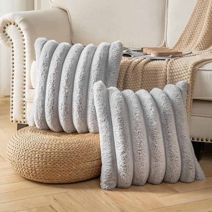 Faux Fur Plush Throw Pillow Covers 18x18 Inch Set of 2 - Luxury Decorative Fuzzy Striped Soft Cozy Pillowcase for Couch, Sofa, Living Room - Light Grey
