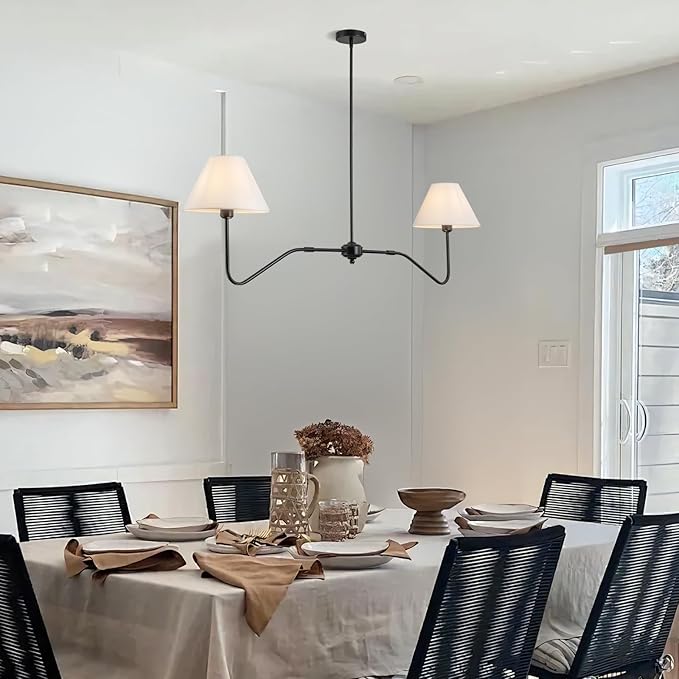 2-Light Modern Linear Chandelier for Dining Room, 55 Inch Farmhouse Kitchen Island Lighting with White Fabric Shades, Hanging Lighting Fixtures for Living Room Bedroom