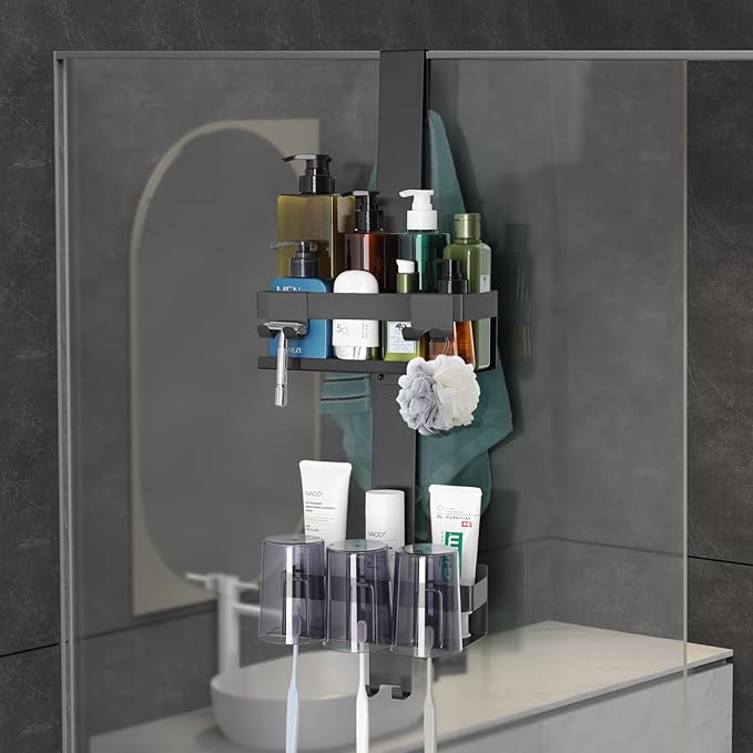 Emibele Over The Door Shower Caddy 2 Tier, 304 Stainless Steel Hanging Shower Caddy Rustproof Shower Shelves, No Drilling Hanging Shower Organizer for Bathroom Glass Door, Black