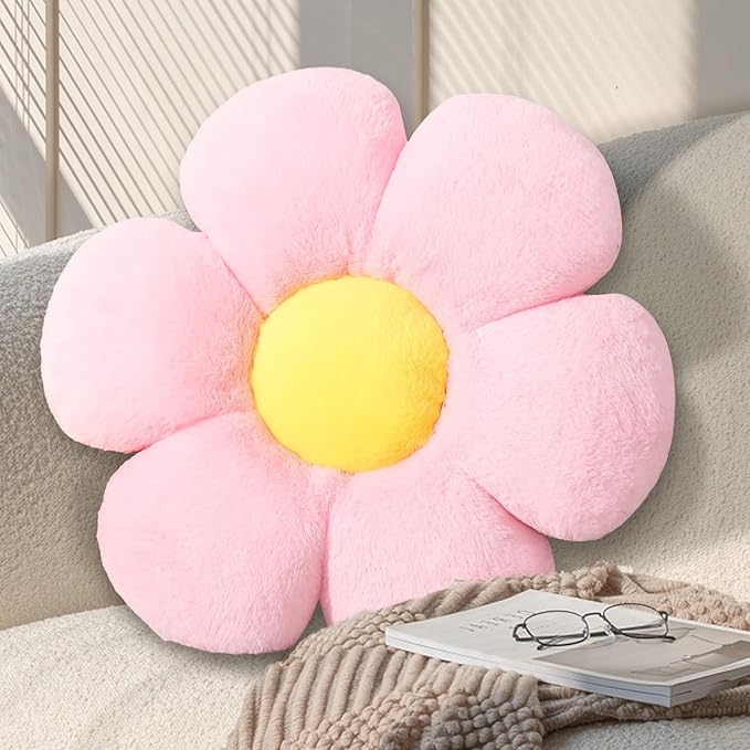 17.7 Inch Pink Flower Pillow – Daisy Shaped Cute Decorative Throw Pillow, Soft Floral Seating Cushion Floor Pillows for Sofa, Bed, Chair & Room Decor