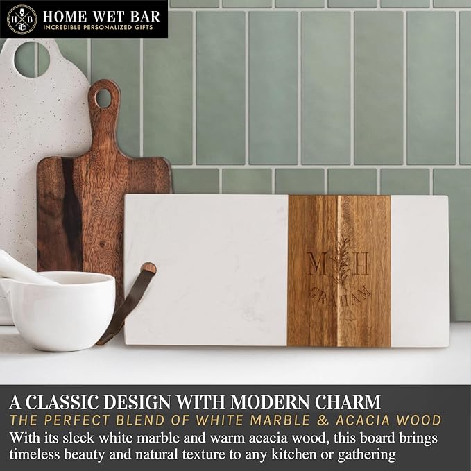 Personalized Acacia Charcuterie Board | Custom 15" x 7" White Marble & Acacia Wood Cheese Board | Perfect Housewarming + Wedding + Couples Gift Idea