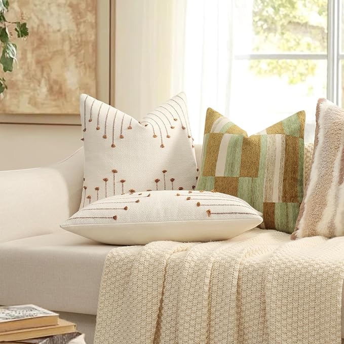 YCOLL Boho Throw Pillow Covers 18x18 Set of 2 Neutral Woven Decorative Pillowcases Cotton Tufted Couch Pillows Modern Farmhouse Accent Cushion Covers for Sofa Couch Bed Living Room Home Decor, Brown