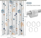 QiyI Watercolor Floral Shower Curtain, 3D Embossed Butterflies Blue Beige Flower Bathroom Curtain, Minimalist White Cloth Bath Curtain, Waterproof Fabric Textured Shower Curtain Set with Hooks, 72x72
