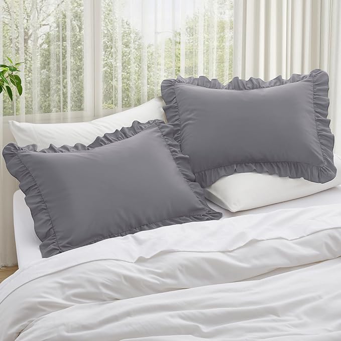 KKJIAF Ruffle Pillow Cases Standard Size Set of 2, Ruffled Pillow Covers with Envelope Closure, Wrinkle Resistant Ruffled Pillow Shams 20" x 26", Grey