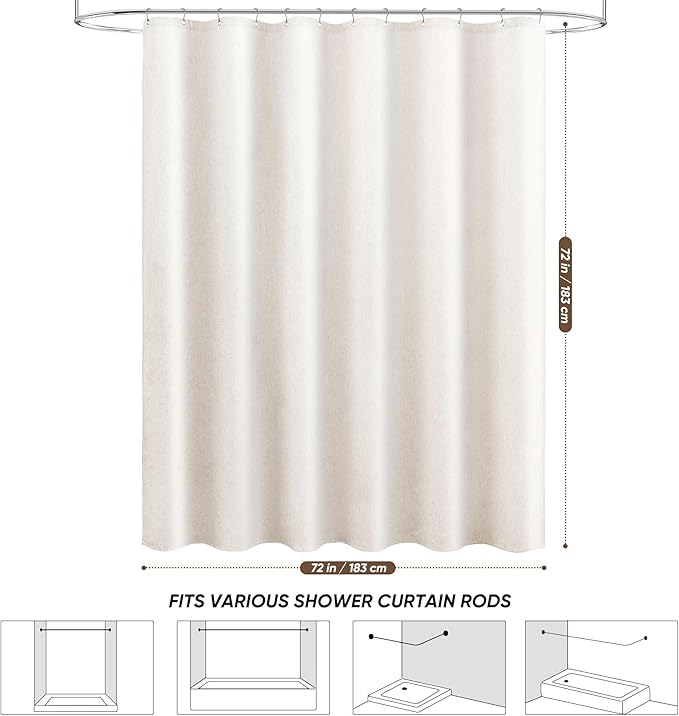 WELTRXE Linen Shower Curtain, Fabric Shower Curtain Set, Rustic Bathroom Decor, Heavy Duty Fabric Water Repellent with 12 Rust-Proof Metal Hooks, for Bathroom Hotel Bathtub, Beige, 72x72 Inch