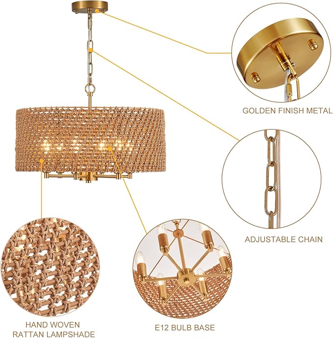 Hand-Woven Rattan Chandelier Vintage Farmhouse Boho Bamboo Golden Chandelier Light Fixture Retro Drum Wicker Gold Chandeliers for Dining Room, Kitchen Island, Living Room