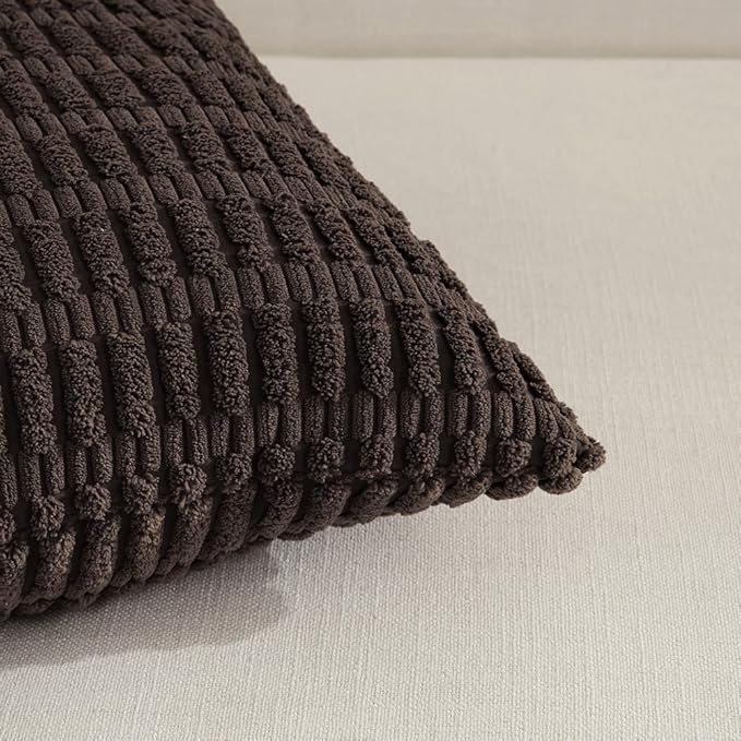 Fancy Homi Dark Brown Decorative Throw Pillow Covers 18x18 Inch for Living Room Couch Bed Sofa, Rustic Farmhouse Boho Home Decor, Soft Striped Corduroy Square Cushion Case 45x45 cm
