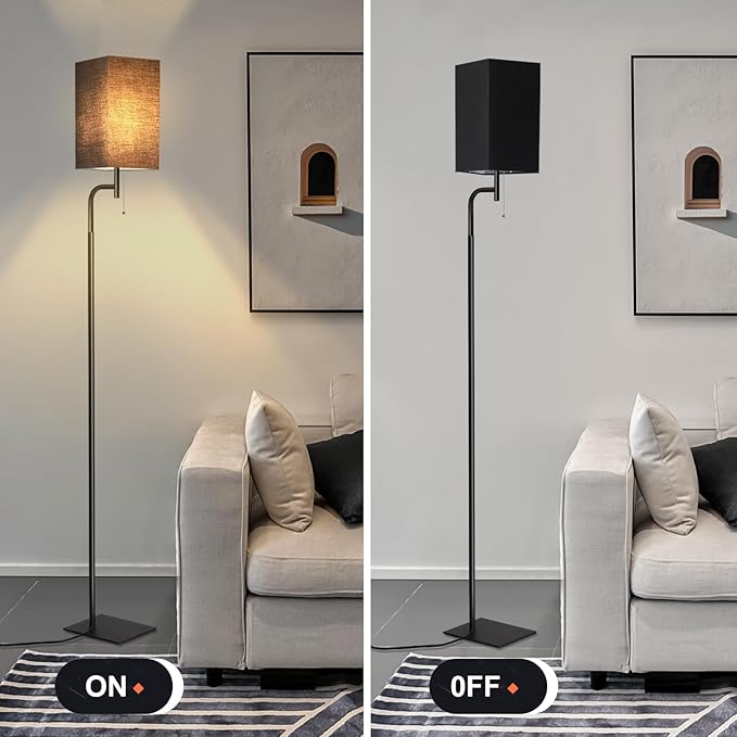 Modern Floor Lamp for Living Room, Black, 3 Color Temperatures, Linen Shade, Minimalist Design, Tall Lamp for Reading, Office, Bedroom