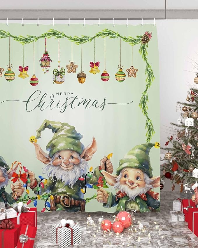 Vandarllin Merry Christmas Shower Curtain, Green Christmas Gnome Elf Shower Curtains Set with Hooks, Xmas Balls Waterproof Fabric Bathroom Curtains Decor Home Accessories, Stall Long 54 X 78 Inch