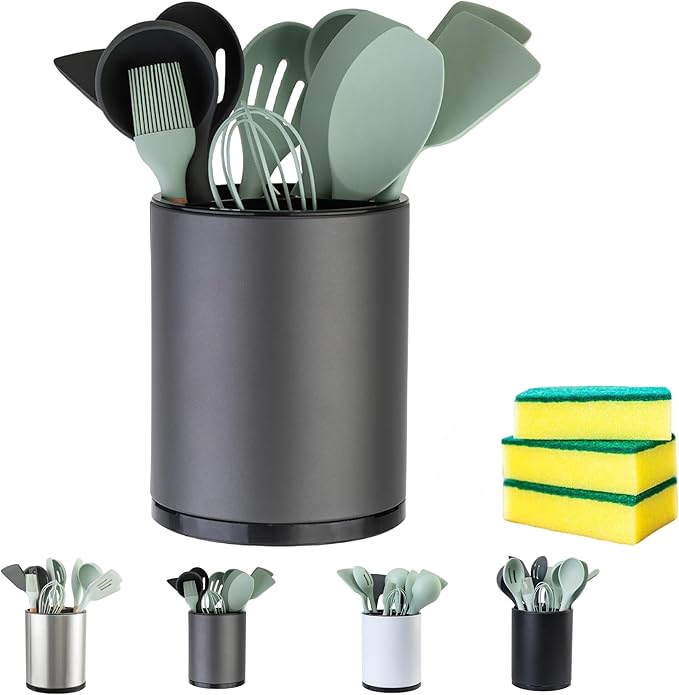 Utensil Holder,4-in-1 Large Kitchen Utensil Holder For Counter,Rotating Silverware Organizer Cooking Flatware Spoon Spatula Tool Cutlery Container Stainless Steel Caddy