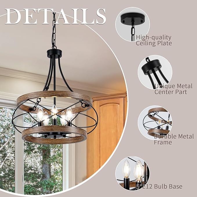 5-Light Farmhouse Chandelier, 17.72" Rustic Drum Dining Room Light Fixture, Vintage Wood Finish Metal Hanging Pendant Lighting, Industrial Candle Chandeliers for Living Room Kitchen Entryway Bedroom