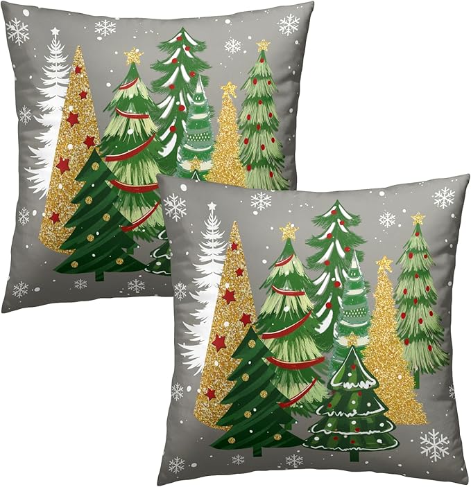Christmas Tree Pillow Covers 22x22 Inch 2 Pcs, Xmas Pine Trees Snowflakes Grey Decorative Pillow Cases Square Cotton Cushion Cover for Winter Farmhouse Sofa Couch Bed Decor