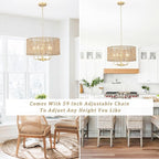 Hand Woven Rattan Chandelier 5 Lights Large Gold Farmhouse Chandelier with Wicker Shade Rustic Boho Pendant Light Fixtures Drum Chandeliers for Dining Room Kitchen Living Room Foyer Entryway Hallway