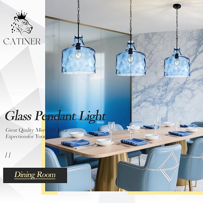 16" Extra Large Farmhouse Pendant Light – Hand-Blown Blue Hammered Glass Shade, Black Finish, Adjustable Chain Hanging Light Fixture for Kitchen Island, Dining Room, Hallway