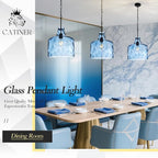 16" Extra Large Farmhouse Pendant Light – Hand-Blown Blue Hammered Glass Shade, Black Finish, Adjustable Chain Hanging Light Fixture for Kitchen Island, Dining Room, Hallway