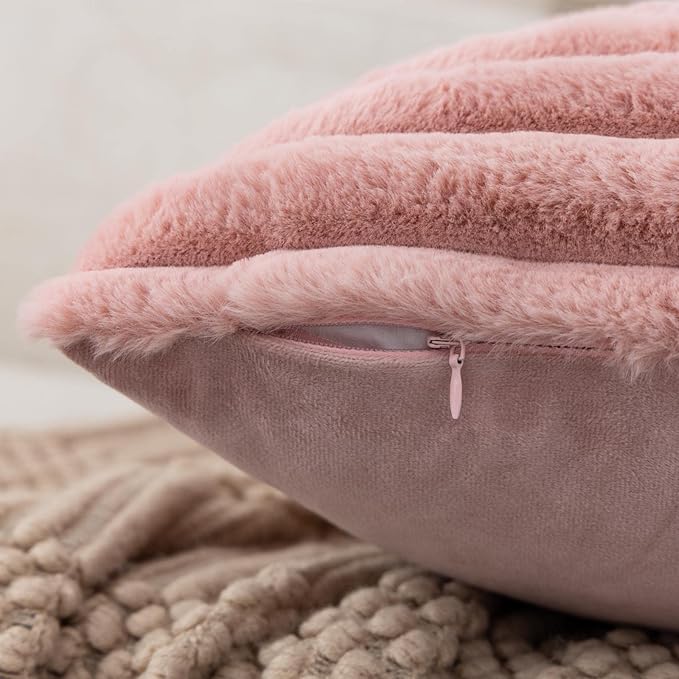 ZLINA Set of 2 Baby Pink Faux Fur Decorative Throw Pillow Covers Fluffy Striped Pillowcase Cushion Covers 22 x 22 Inch Decor Sofa Couch Bedroom