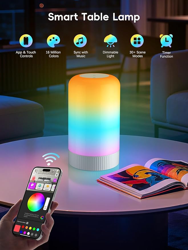 RGBICWW Smart Table Lamp, Touch Bedside Table Lamp with App Control, LED Desk Lamp with Music Sync, 30+ Scenes & 16M Colors, Color Changing Lamp for Bedroom Living Room Dimmable Night Light, White