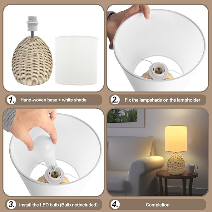 Boho Rattan Table Lamp - 3 Color Temperature, Handwoven Nightstand Lamp for Bedroom & Living Room
