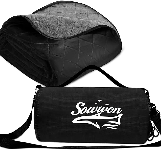 Waterproof Outdoor Blanket 82”X 55” Packable, Stadium Blankets for Camping with Fleece Lining, Large Windproof Emergency Throw Mat for Garss Picnic Hiking Road Trip, Machine Washable, Black 300GSM