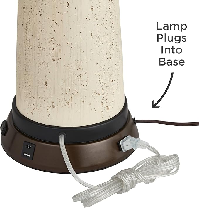 360 Lighting Rocco Mid Century Modern Table Lamp with USB and AC Power Outlet Workstation Charging Base 30" Tall White Ceramic Oak Wood Tan Fabric Drum Shade for Living Room Bedroom House