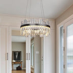 Black Led Modern Crystal Chandelier: 19.7" Round Contemporary 3 Color Dimmable Dining Room Light Fixture over Table - Adjustable Lighting Chandeliers for Bedroom Living Kitchen Island Entryway Foyer