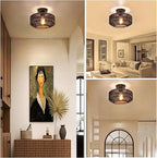 Boho Rattan Ceiling Light Fixture, Mini Rattan Chandelier Lighting Fixture, Hand Woven Ceiling Light Fixtures for Hallway Bedroom Kitchen Entryway Living Room (Black)