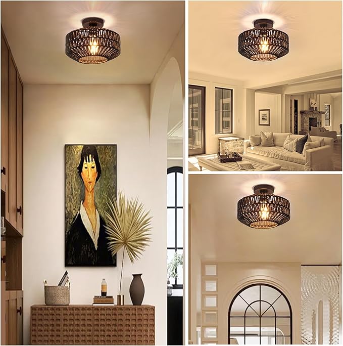 Boho Rattan Ceiling Light Fixture, Mini Rattan Chandelier Lighting Fixture, Hand Woven Ceiling Light Fixtures for Hallway Bedroom Kitchen Entryway Living Room (Black)