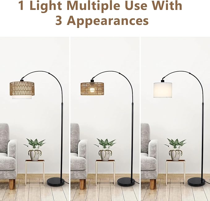 Arc Floor Lamp with Remote, Modern LED Floor Lamp with Dimmable Bulb, Boho Farmhouse Standing lamp with Fabric & Rattan Lampshades, Height Adjustable Black Tall Lamp for Living Room Bedroom