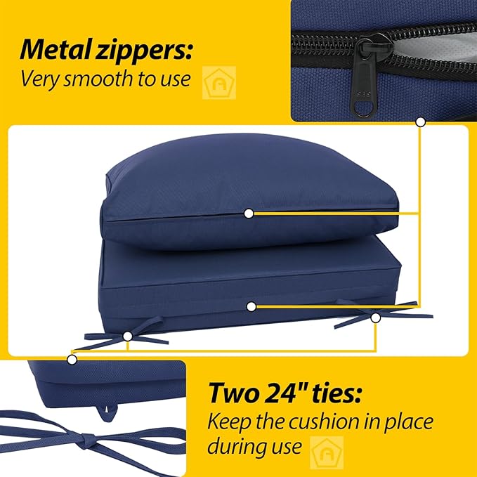 AAAAAcessories Outdoor Deep Seat Cushions, Waterproof, Fade-Resistant Patio Furniture Replacement Cushions, 25.5" x 25.5" x 5" + 25.5" x 13.5", Set of 2, Navy Blue