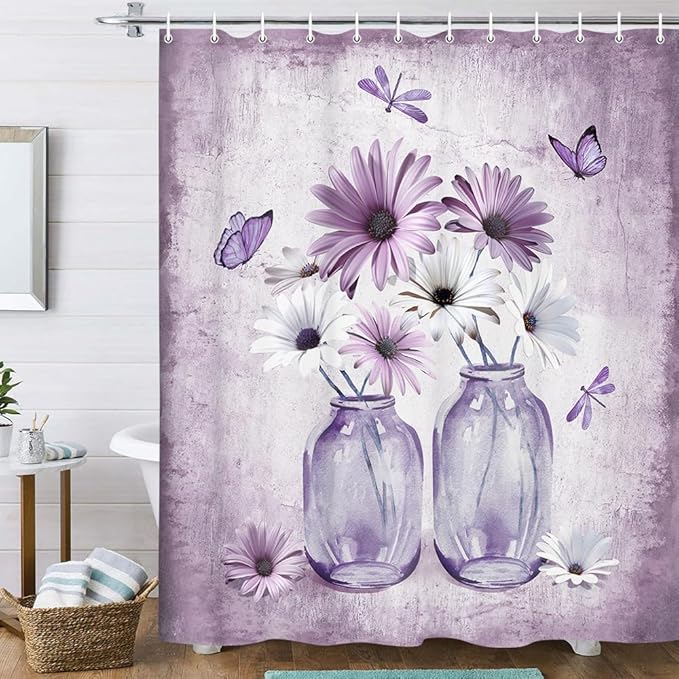 Rustic Farmhouse Purple Floral Shower Curtain, Violet Daisy Flowers Butterfly Dragonfly on Abstract Aesthetic Country Wooden Boho Shower Curtain Set, White Bathroom Accessory Sets with Hooks, 70X84