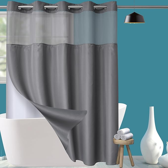 Conbo Mio Extra Long No Hook Shower Curtain with Snap in Liner Set, Hotel Luxury Grey Fabric Shower Curtains for Bathroom with See Through Top Window, Washable, Waterproof 71W x 84H