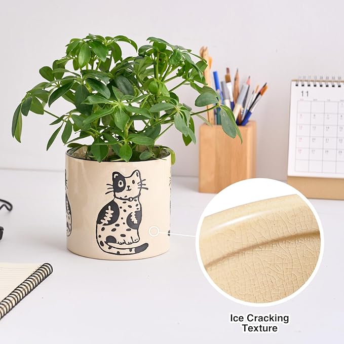 5 Inch Ceramic Plant Pots with Drainage Holes, Small Round Flower Pots for Indoor Plant, Unique Animal Flower Planters (Cat)