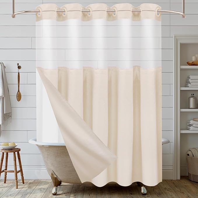 No Hook Linen Shower Curtain with Snap in Liner Set, Hotel Luxury Style Beige Shower Curtain with See Through Top Window, Machine Washable & Water Repellent, 72W x 72L Standard Size