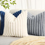 decorUhome Faux Fur Throw Pillow Covers 20x20 Set of 2, Decorative Soft Plush Striped Neutral Couch Euro Pillow Covers with Velvet Back for Sofa, Bed, Living Room Home Decor, Blue