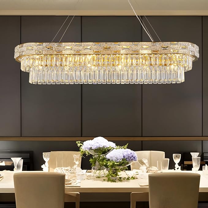 Crystal Chandeliers, 49.2" 18-Light Rectangular Chandelier for Dining Room, Gold Chandelier for Kitchen, Modern Large Chandeliers, Dining Room Light Fixture Island Lights Dimmable