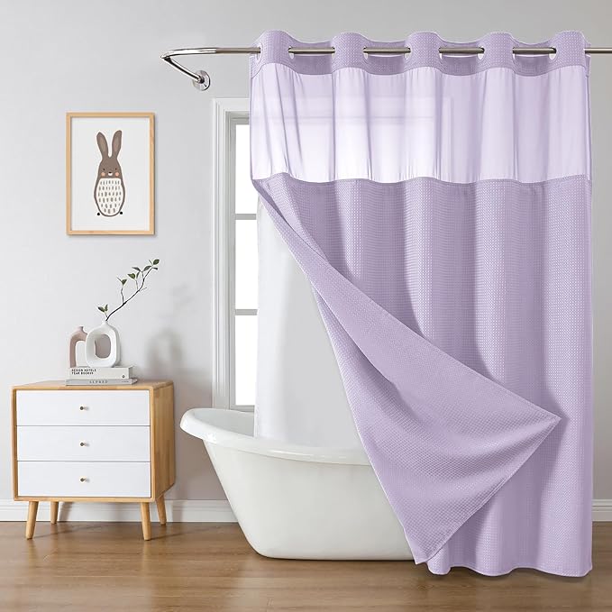 Lavender Extra Long No Hook Waffle Weave Shower Curtain with snap-in Liner Replacement, 230GSM Waterproof Fabric Hotel Shower Curtain Set for Bathroom, Through Mesh Top Window,71Wx86H