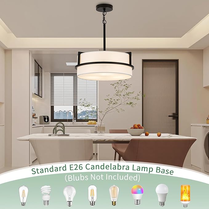 Modern Drum Chandelier for Dining Room 3 Light,15.7" Wide White Linen Drum Shade Ceiling Light Fixture,Pendant Lighting with Adjustble Hang Height Chandelier for Kitchen Islands Living Bedroom