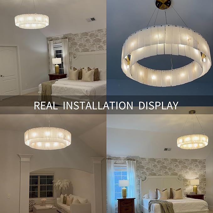 Alabaster Chandelier D31in Spanish Natural Marble Round Chandeliers, 2 Tiers Modern Living Room Chandelier, Alabaster Pendant Light Fixture, Dimmable Chandeliers for Bedroom, Entryway, Foyer