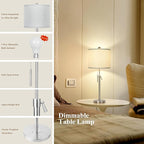 Brushed Nickel Table Lamps Set of 2: 22" to 30" Height Adjustable Nightstand Lamps with Grey Linen Shade Pull Chain Switch Silver Pole Beside Lamp for Living Room Bedroom (Brushed Nickel,Grey Shade)