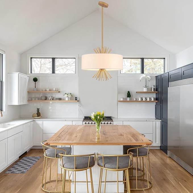 Drum Chandelier, 17.71” Gold Chandelier Farmhouse Pendant Light Fixture 4-Light with White Linen Shade, Adjustable Height Chandeliers for Dining Room Kitchen Living Room Bedroom, UL-Listed